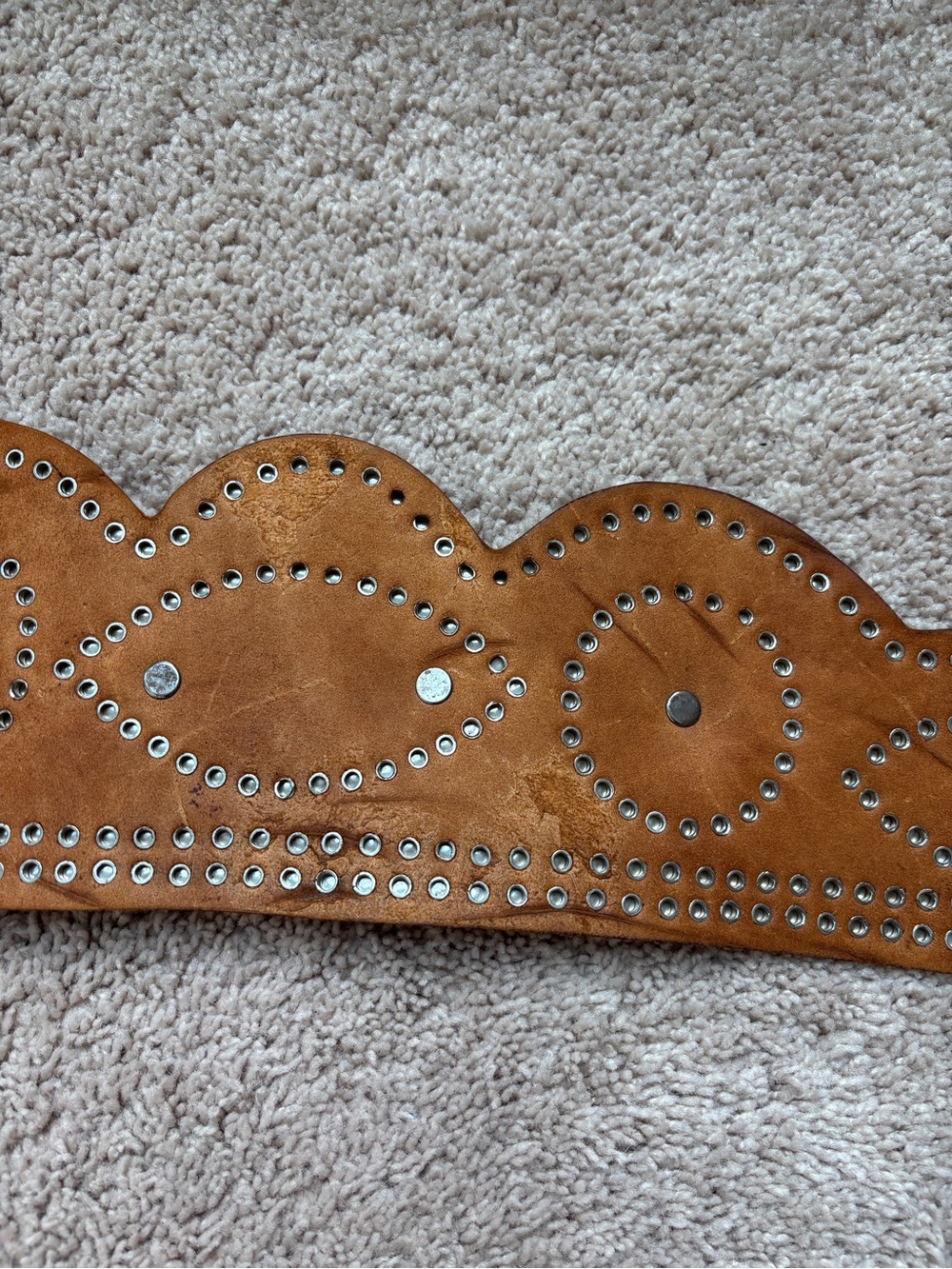 Vintage Wide Tooled Leather Scalloped Belt Oversized Buckle Boho Western Waist - Picture 10 of 16